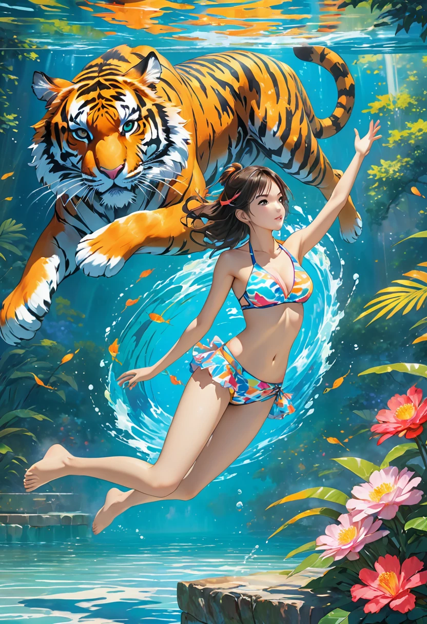 (​masterpiece, top-quality, Official art:1.2)Look at viewericro bikini, tiger and girl, Tiger painting}A flash of light runs, Colorful water levitation(2D:1.5),