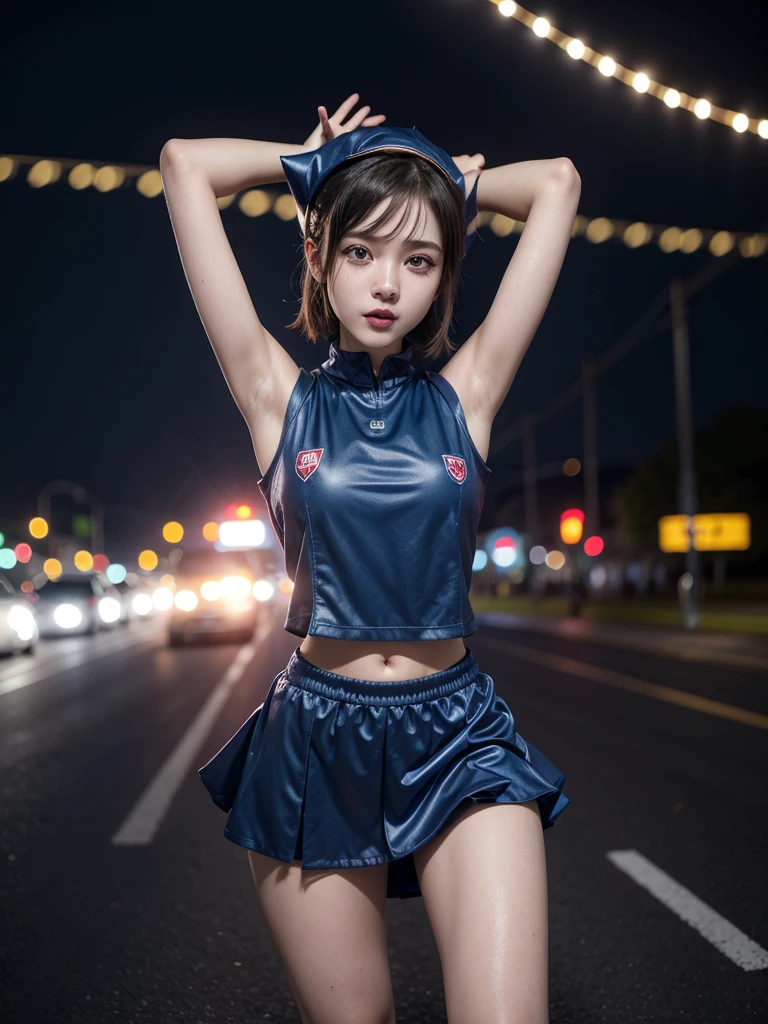 score_9, score_8_up, score_7_up, score_6_up, score_5_up, score_4_up, (derpibooru_p_95), source_cartoon, high speed race, solo, 1girl, pomni, colored skin, sweat, happy, arms up, driving sportbike, jester cap, night street background, motion trail, blur, highway