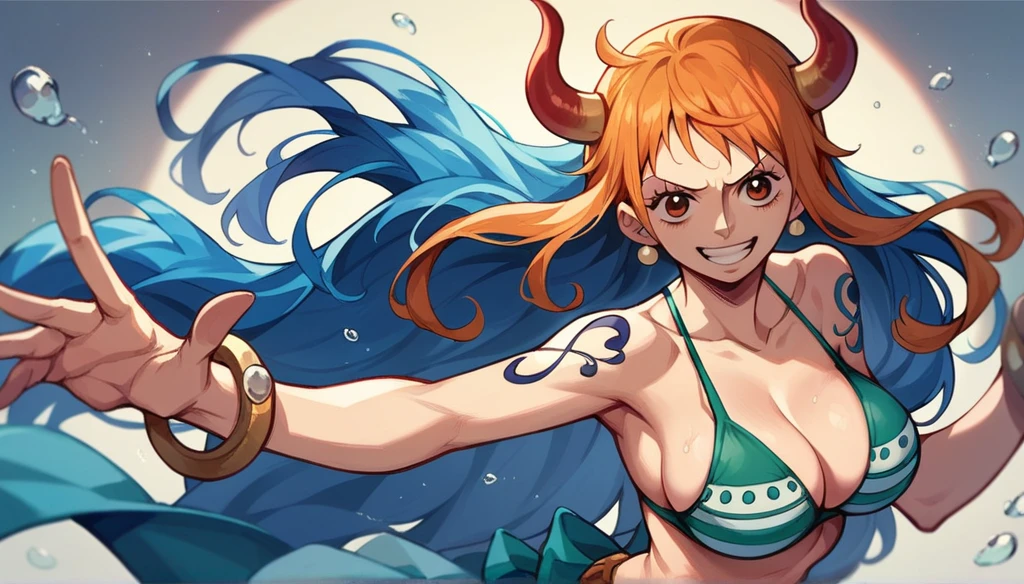 nami from one piece with very long blue hair and very red eyes with water powers 