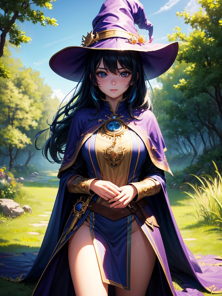 (best quality,4k,8k,highres,masterpiece:1.2), ultra-detailed, 1girl, she is a mage, she wears wizard clothes, looking at viewer, vibrant colors, natural lighting,