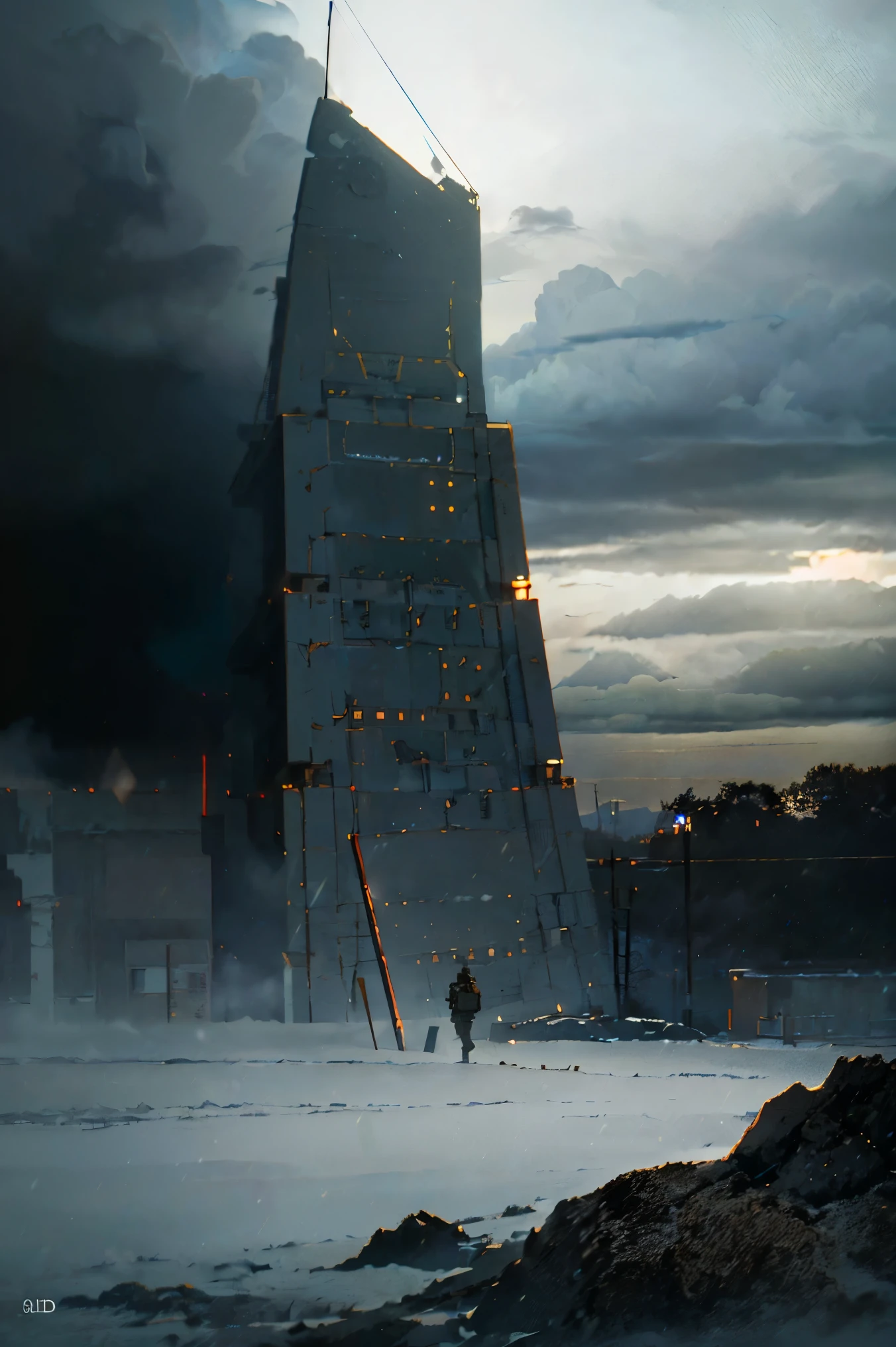 storm、A female soldier in combat uniform in the distance、, Surrealism, cinematic lighting, UHD, anatomically correct, award winning, best quality, highres, 8k