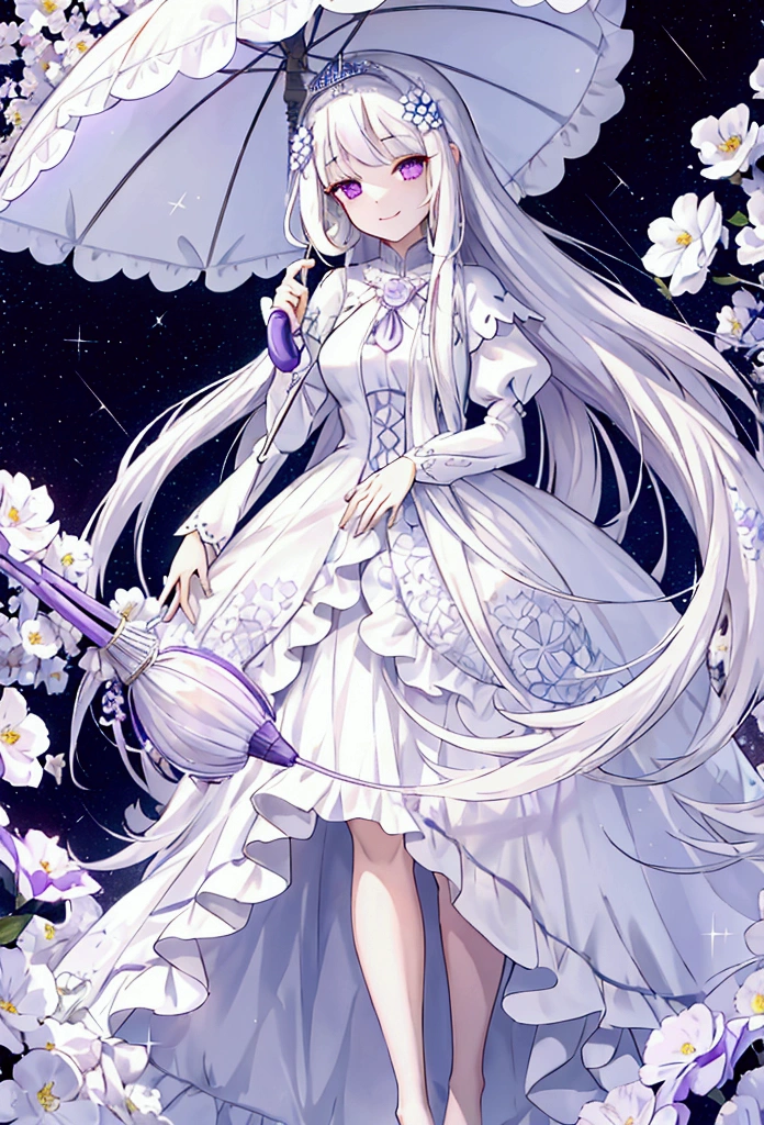 a gentle western princess with long, straight white hair and bangs. sparkling purple eyes and a gentle smile, wearing a white princess dress and standing under a colorful flower garden, holding an umbrella in her hand