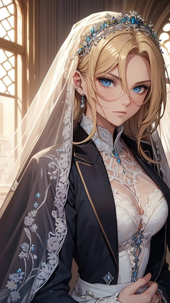 ((Best Quality)), ((Masterpiece)), (detailed)) A beautiful woman with blonde hair, blue eyes, serious countenance, dressed in a beautiful wedding dress, a beautiful wedding veil covers her face, Next to him is a slightly muscular man, Brown hair, green eyes, dressed in a black suit, serious look