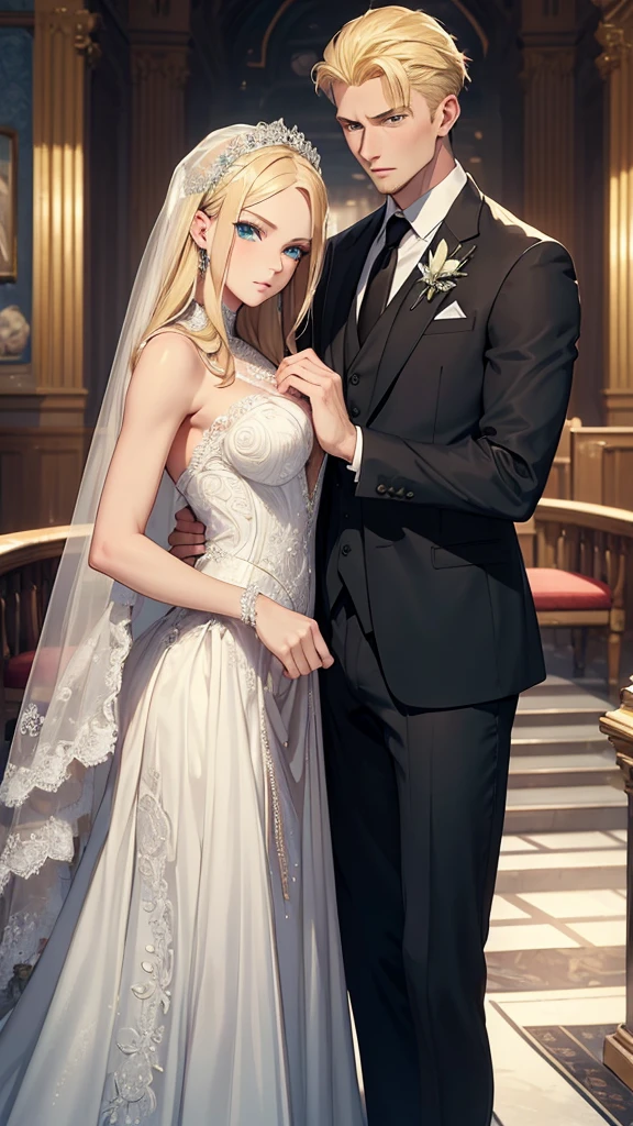 ((Best Quality)), ((Masterpiece)), (detailed)) A beautiful woman with blonde hair, blue eyes, serious countenance, dressed in a beautiful wedding dress, a beautiful wedding veil covers her face, Next to him is a slightly muscular man, Brown hair, green eyes, dressed in a black suit, serious look
