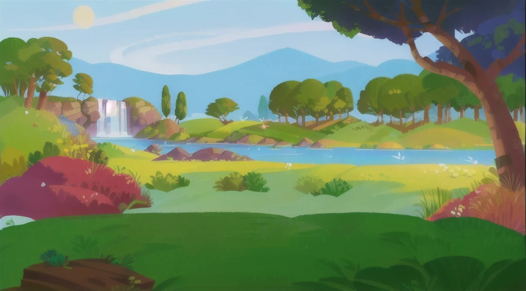 cartoon illustration of a river with a waterfall in the middle of a forest, beautiful and happy place, cozy background art, sunny environment, trees in the background, mountain in the background, detailed and beautiful, rich design with details, illustration for book , Paradise, some birds flying.