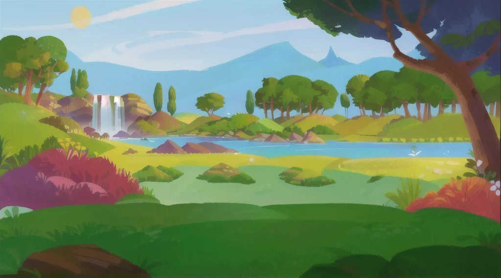 cartoon illustration of a river with a waterfall in the middle of a forest, beautiful and happy place, cozy background art, sunny environment, trees in the background, mountain in the background, detailed and beautiful, rich design with details, illustration for book , Paradise, some birds flying.