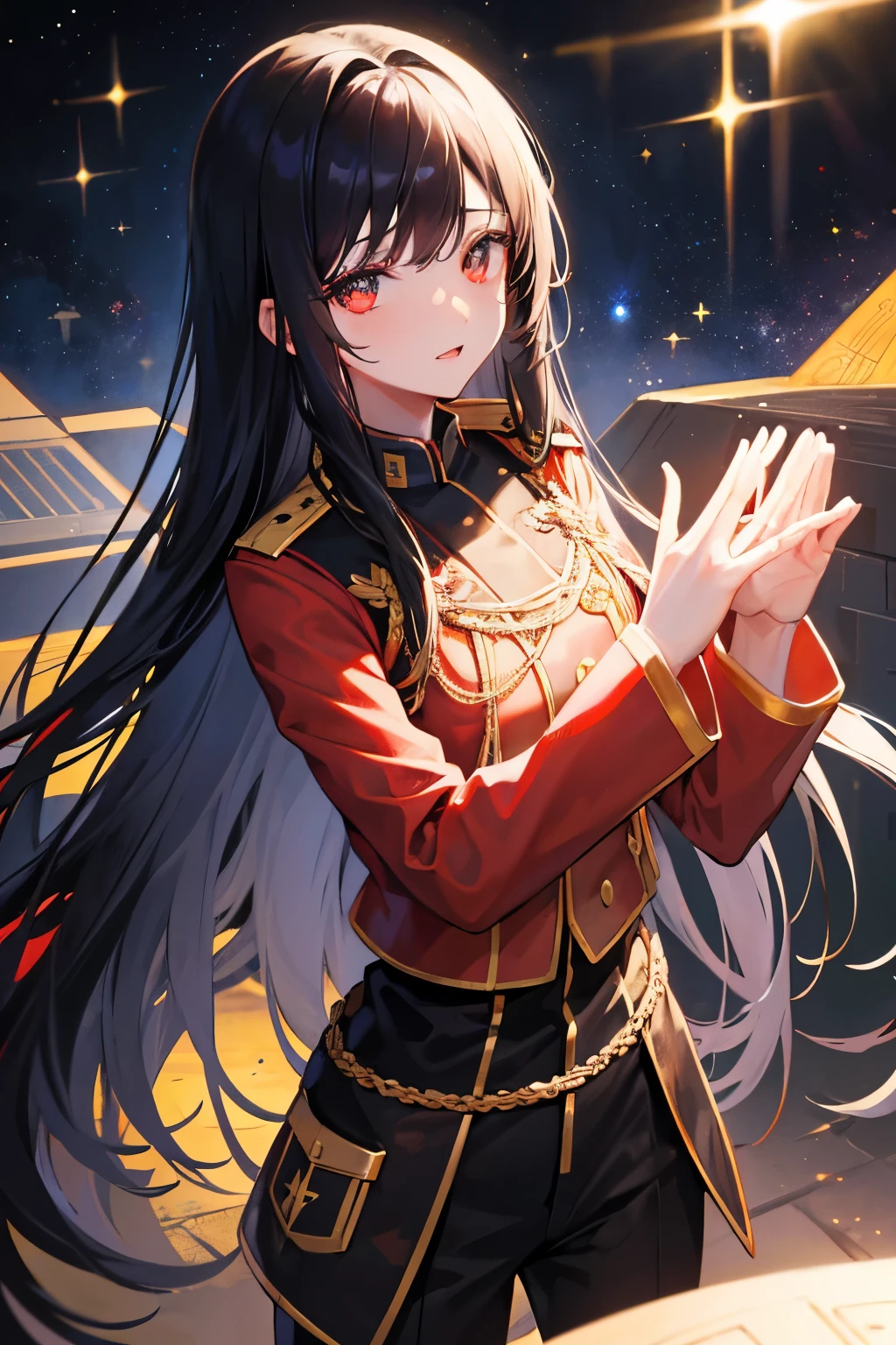 high quality，Black Hair，Long hair，Red pupil，Black, red and gold officer uniform，german officer uniform，Space，Science Fiction，背景是Space战舰，Stretch your right arm forward with your fingers together