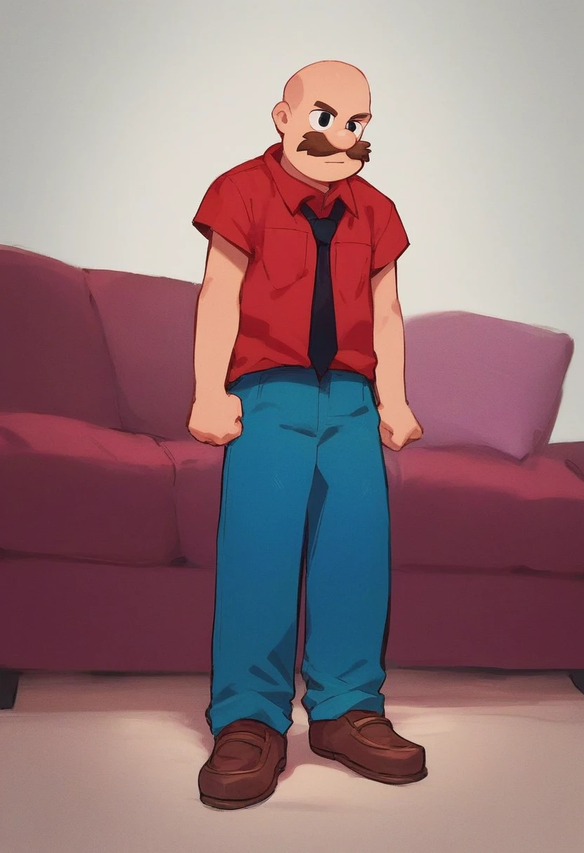 marvin, solo, living room background, red couch, blue wals, brown hair, shirt, 1boy, standing, full body, short sleeves, male focus, necktie, shoes, pants, black eyes, facial hair, brown footwear, red shirt, clenched hands, blue work tie, mustache, blue trousers, middle aged, slightly tall, pronounced sags below eyes, eyeshine, visible bald spot