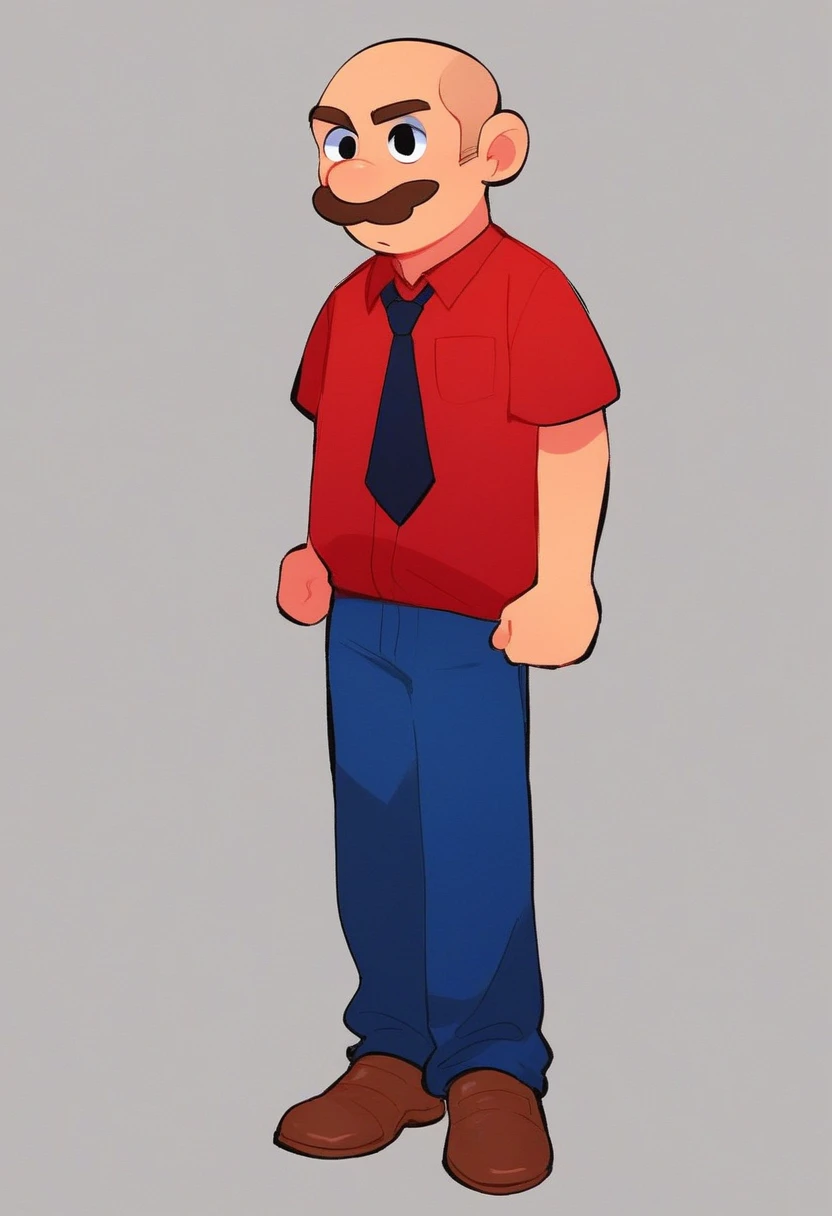 marvin, solo, living room background, red couch, blue wals, brown hair, shirt, 1boy, standing, full body, short sleeves, male focus, necktie, shoes, pants, black eyes, facial hair, brown footwear, red shirt, clenched hands, blue work tie, mustache, blue trousers, middle aged, slightly tall, pronounced sags below eyes, eyeshine, visible bald spot