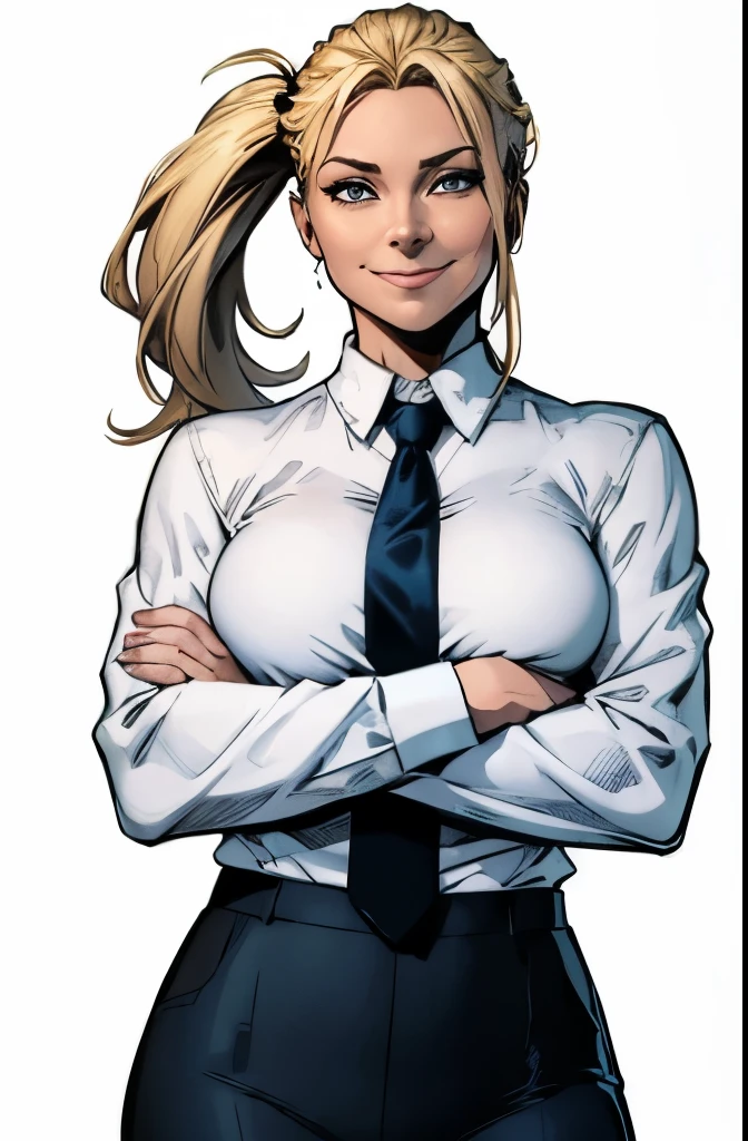 woman, style marvel comics, full side view, I look at the viewer, smile, detailed eyes, arms crossed over her chest, Hair in a ponytail, blonde hair, white shirt with long sleeves, dark blue tie, gray pants. White background