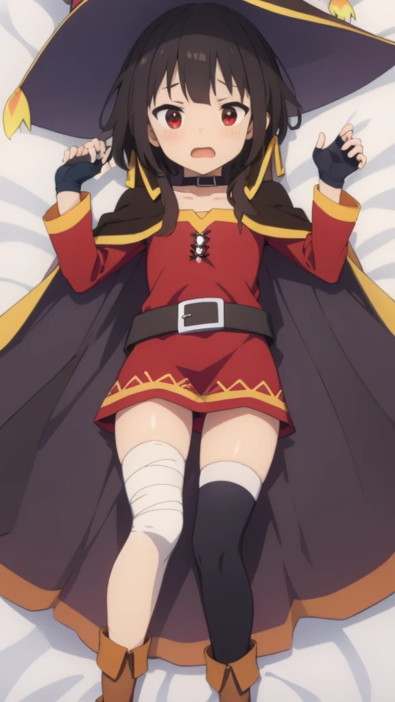 {{{masterpiece}}}, {{{best quality}}}, {{ultra-detailed}}, {illustration}, {{an extremely delicate and beautiful}}, 8k, NSFW, Megumin(konosuba), megumindef, witch hat, short hair, black hair, sidelocks, red eyes, Red clothes, long sleeve, black cape, fingerless gloves, black choker, black belt, bandage on right leg, black high socks on left foot, brown boots, thighs, zettai ryouik, BREAK, cute face, open mouth, embarrassed, flushed cheeks, on the bed,