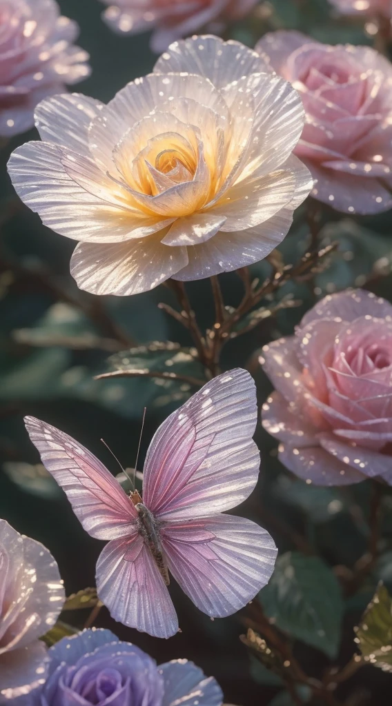 Crystal rose, fanciful, galaxias, cleanness, glittery, glittery, Splendor, Colorful, Amazing photography, dramatic lighting, photo-realism, ultra - detailed, 4K, depth of fields, A high resolution and a beautiful "An ethereal white butterfly, resting gracefully on a petal of a lavender flower, surrounded by soft mist and illuminated by the golden light of dawn."