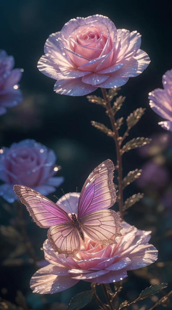 Crystal rose, fanciful, galaxias, cleanness, glittery, glittery, Splendor, Colorful, Amazing photography, dramatic lighting, photo-realism, ultra - detailed, 4K, depth of fields, A high resolution and a beautiful "An ethereal white butterfly, resting gracefully on a petal of a lavender flower, surrounded by soft mist and illuminated by the golden light of dawn."