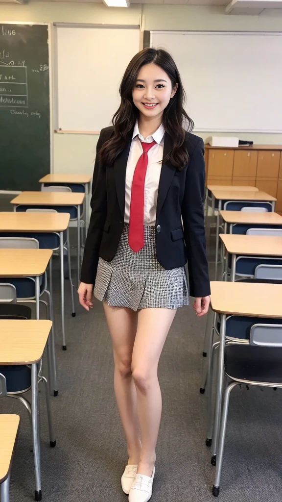 Beautiful girl is in the school classroom. uniform with red tie Dark blue closed blazer A short skirt with a blue check pattern, , full body, short brown hair with waves on the side. The best smile I see your beautiful thighs, knees, random poses, pretty girl, slim girl. I&#39;m sitting with my legs wide open on the classroom table. My skin is beautiful, wearing cute sneakers. Natural makeup 