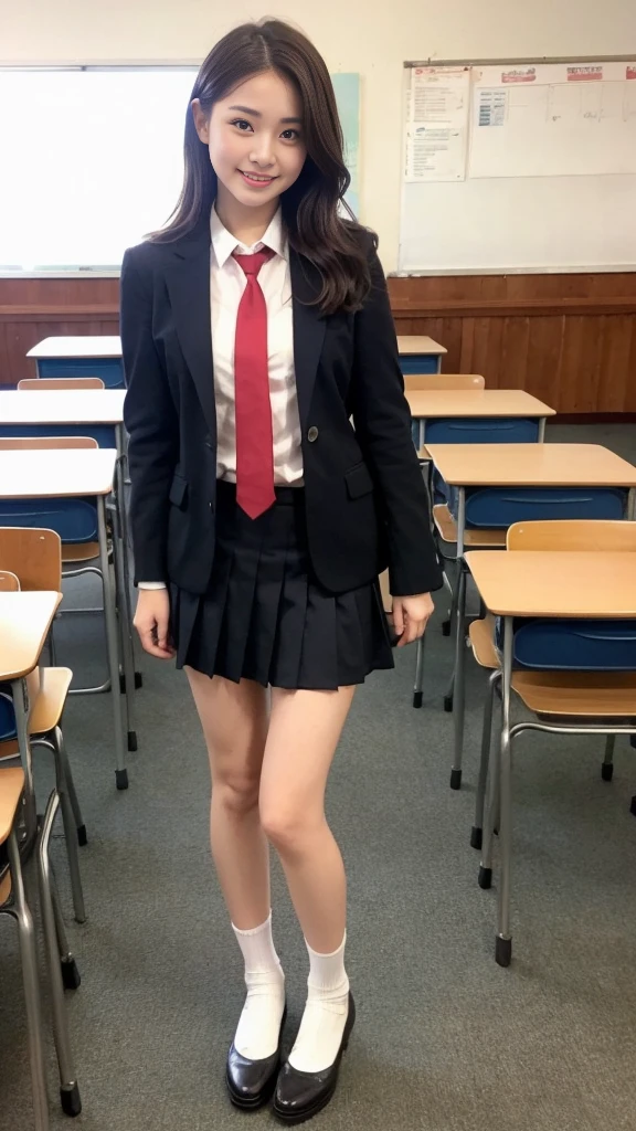 Beautiful girl is in the school classroom. uniform with red tie Dark blue closed blazer A short skirt with a blue check pattern, 16 years old, full body, short brown hair with waves on the side. The best smile I see your beautiful thighs, knees, random poses, pretty girl, slim girl. I&#39;m sitting with my legs wide open on the classroom table. My skin is beautiful, wearing cute sneakers. Natural makeup 