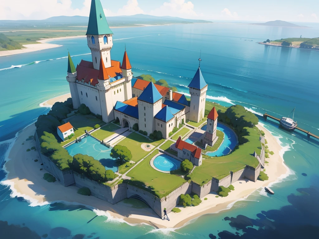 ilustração de livro ilustrado, ilustração de livro de histórias em aquarela, (beira-mar castle), cores pastel vibrantes, sonhar, colorida, Excêntrico, mágico, obra de arte, melhor qualidade, foco nitído, ambiente intrincadamente detalhado, Detalhes finos, Resolução 8K, (oceano), (beira-mar), horizon, A small floating magical medieval island city, top-down view, houses, (various important locations 1.3), (every house is different 1.2), wizard's castle, medieval architecture, luminous details, wizard's tower with magical lights, welcoming asylum, vibrant school, robust bank, lively tavern, military training grounds, bustling market, official mayor's building, discreet brothel, port with docks, blue surrounding water, protective walls, vibrant colors, D&D map, drawn, small island, rpg drawing, fantasy sketch, various buildings, assymetric, round island, Small city, simple drawing, sketch, painting, floating island, flying island, painting, flying city in the style of inkarnate, painted, raw painting, (surrounded by water 1.2)