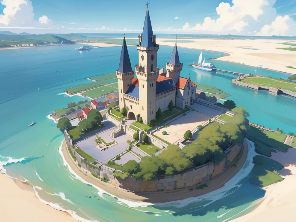 ilustração de livro ilustrado, ilustração de livro de histórias em aquarela, (beira-mar castle), cores pastel vibrantes, sonhar, colorida, Excêntrico, mágico, obra de arte, melhor qualidade, foco nitído, ambiente intrincadamente detalhado, Detalhes finos, Resolução 8K, (oceano), (beira-mar), horizon, A small floating magical medieval island city, top-down view, houses, (various important locations 1.3), (every house is different 1.2), wizard's castle, medieval architecture, luminous details, wizard's tower with magical lights, welcoming asylum, vibrant school, robust bank, lively tavern, military training grounds, bustling market, official mayor's building, discreet brothel, port with docks, blue surrounding water, protective walls, vibrant colors, D&D map, drawn, small island, rpg drawing, fantasy sketch, various buildings, assymetric, round island, Small city, simple drawing, sketch, painting, floating island, flying island, painting, flying city in the style of inkarnate, painted, raw painting, (surrounded by water 1.2)