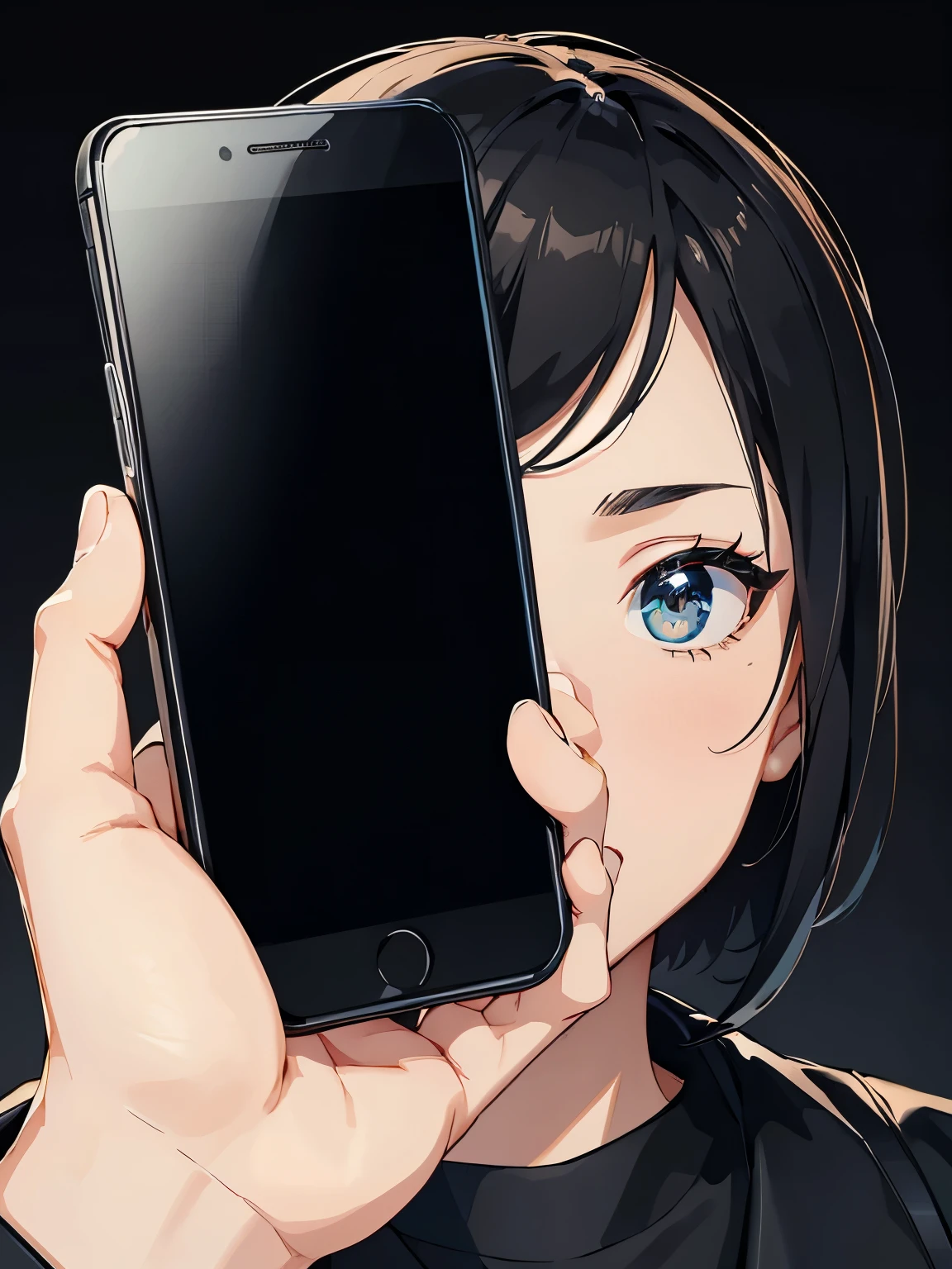 Close-up of a smartphone screen held by a middle-aged man、Black screen、Black Background
