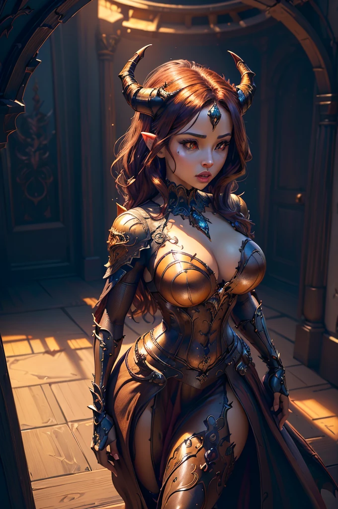 a light skinned woman with a semi round face, golden eyes,golden eyes,golden eyes,golden eyes,golden eyes,golden eyes,golden eyes,golden eyes,golden eyes, broken demon wings, demon tail, horns, brown hair, wearing a cute pink gothic dress, (best quality,4k,8k,highres,masterpiece:1.2),ultra-detailed,(realistic,photorealistic,photo-realistic:1.37),fantasy,horror,dark fantasy,digital art, intricate details,highly detailed,dramatic lighting,cinematic,moody atmosphere,rich textures
