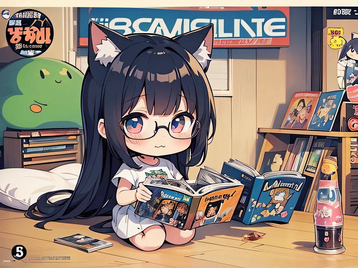 ((masterpiece)), ((best quality)), (ultra-detailed), ((kawaii)), cute, (lovely), illustration, anime style, (chibi:1.3), white sundress, (beautiful eyes), beautiful black hair, (long hair), (cat ears:1.1), slim, slender, glasses, medium breast, (on stomach, lying), (holding a Comic book:1.3), (:3:1.2), (reading a comic book:1.6), (spoken musical note), Looks like a lot of fun.
