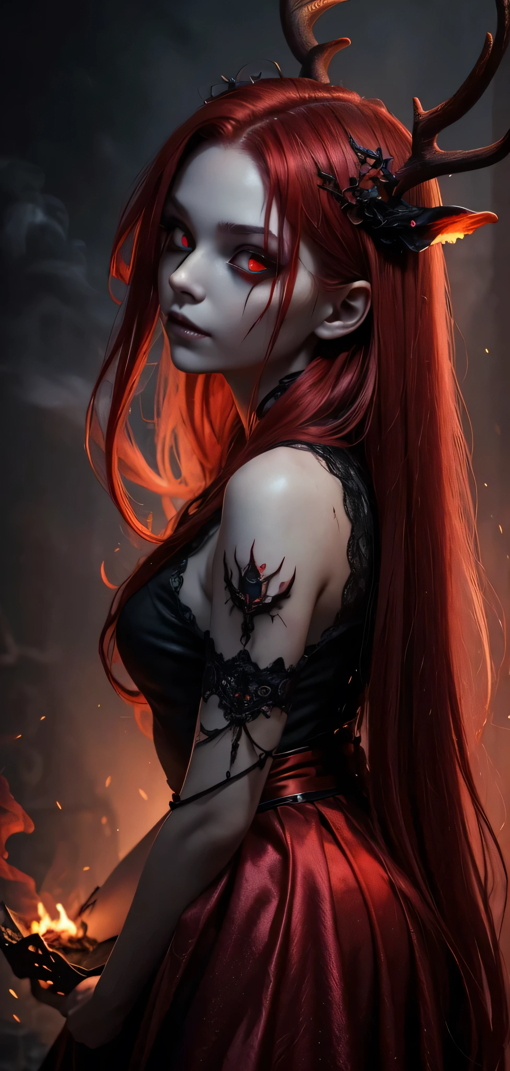 dark, unholy, evil, astral, creepy style, undead, rotting skin, mystical, nice perfect face with soft skin, young beautiful girl portrait on fire, red smoke, mist, night, red clothes long red hair, antlers glowing red eyes, from side, light red glow, void