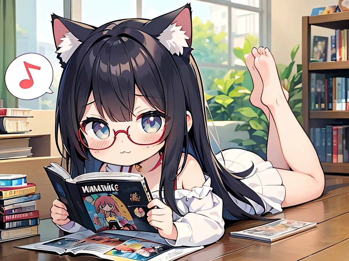 ((masterpiece)), ((best quality)), (ultra-detailed), ((kawaii)), cute, (lovely), illustration, anime style, (chibi:1.3), white sundress, (beautiful eyes), beautiful black hair, (long hair), (cat ears:1.1), slim, slender, glasses, medium breast, (on stomach, lying), (holding a Comic book:1.3), (:3:1.2), (reading a comic book:1.6), (spoken musical note), Looks like a lot of fun.