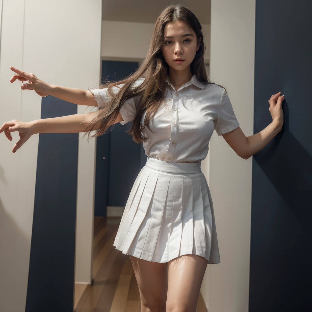 (extremely detailed CG:1.2), (masterpiece:1.2), (best quality:1.2),,((absurdres)),looking at viewer,full body, ,(1girl),solo,(long hair),(mathayom uniform),(white shirt short sleeves),(navy_blue pleated skirt),(long skirt),dynamic angle,standing,dynamic pose,((Delicate facial features)),, (naked)
