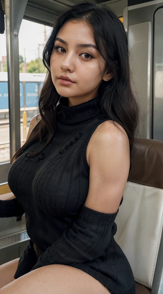 adult plump woman,dark black hair, 18 years old,make up,(fair skin,thick arms:1.3),upperbody,close up,at train,sleeveless,(highneck sweater:1.2),from side, seductive lips