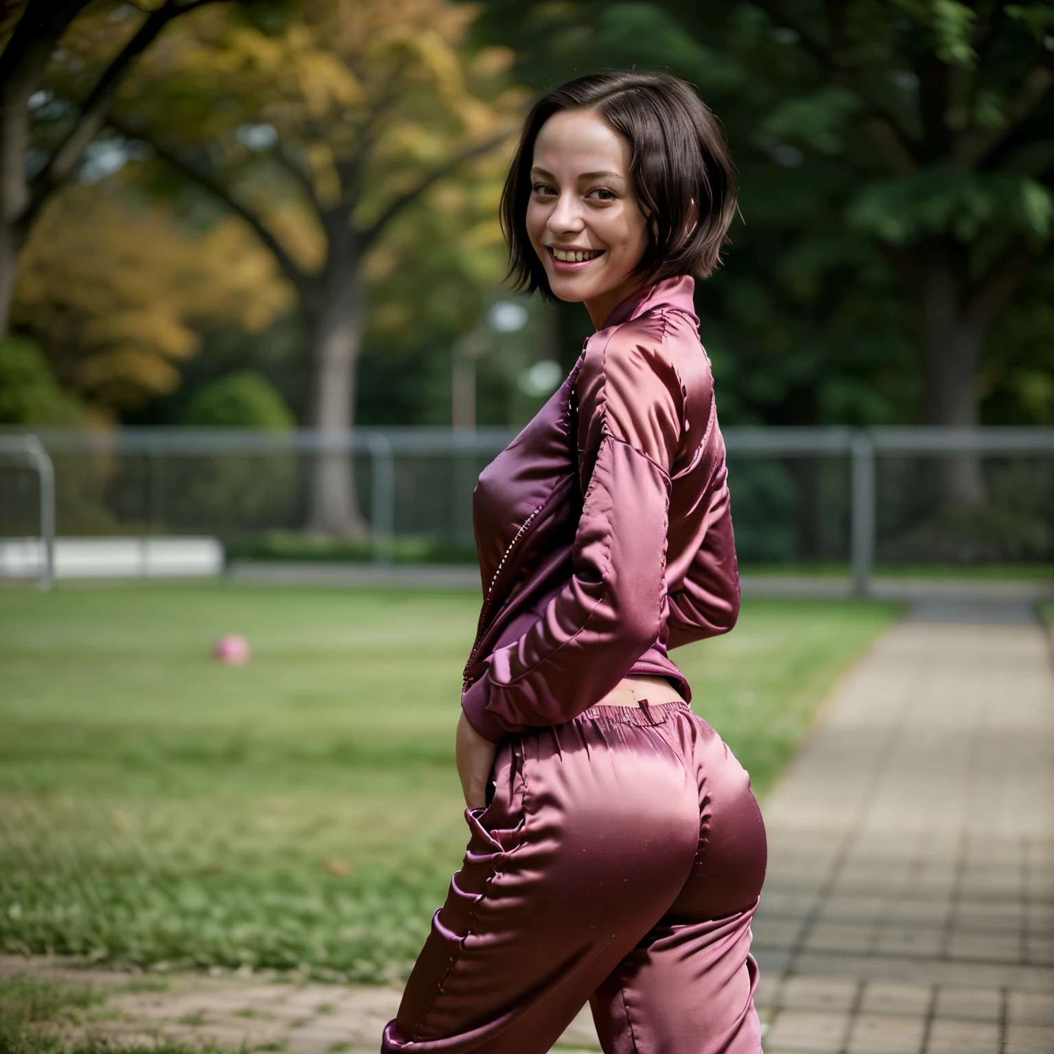 Sexy young girl 24 year old, (cute  face), a park, Running, (( satin tracksuit)), ((long trousers)), Smiling smile, short-hair, Dark hair,Small buttocks, beauty legs,One-person viewpoint, masutepiece, ccurate, ((Anatomically correct)), high details, High quality, awardwinning, Best Quality, hight resolution, 4k,