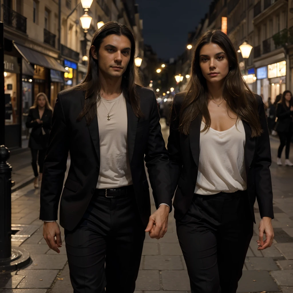 ((masterpiece)) ((best quality)) ((couple)) 1woman, very long blonde hair, walking in Paris, France, with 1man, tall, ((muscular)) ((dark hair)) wear light suit, summer evening