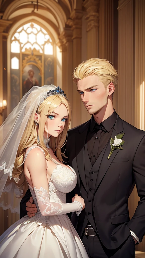 ((Best Quality)), ((Masterpiece)), (detailed)) A beautiful woman with blonde hair, blue eyes, serious countenance, dressed in a beautiful wedding dress, a beautiful wedding veil covers her face, Next to him is a slightly muscular man, Brown hair, green eyes, dressed in a black suit, serious look