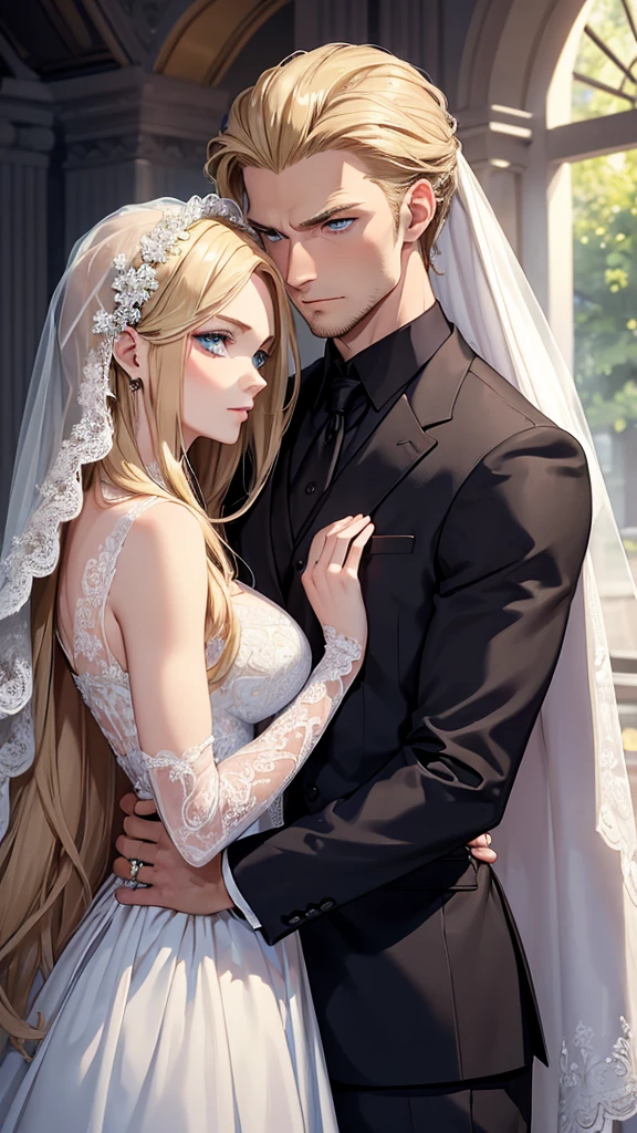 ((Best Quality)), ((Masterpiece)), (detailed)) A beautiful woman with blonde hair, blue eyes, serious countenance, dressed in a beautiful wedding dress, a beautiful wedding veil covers her face, Next to him is a slightly muscular man, Brown hair, green eyes, dressed in a black suit, serious look