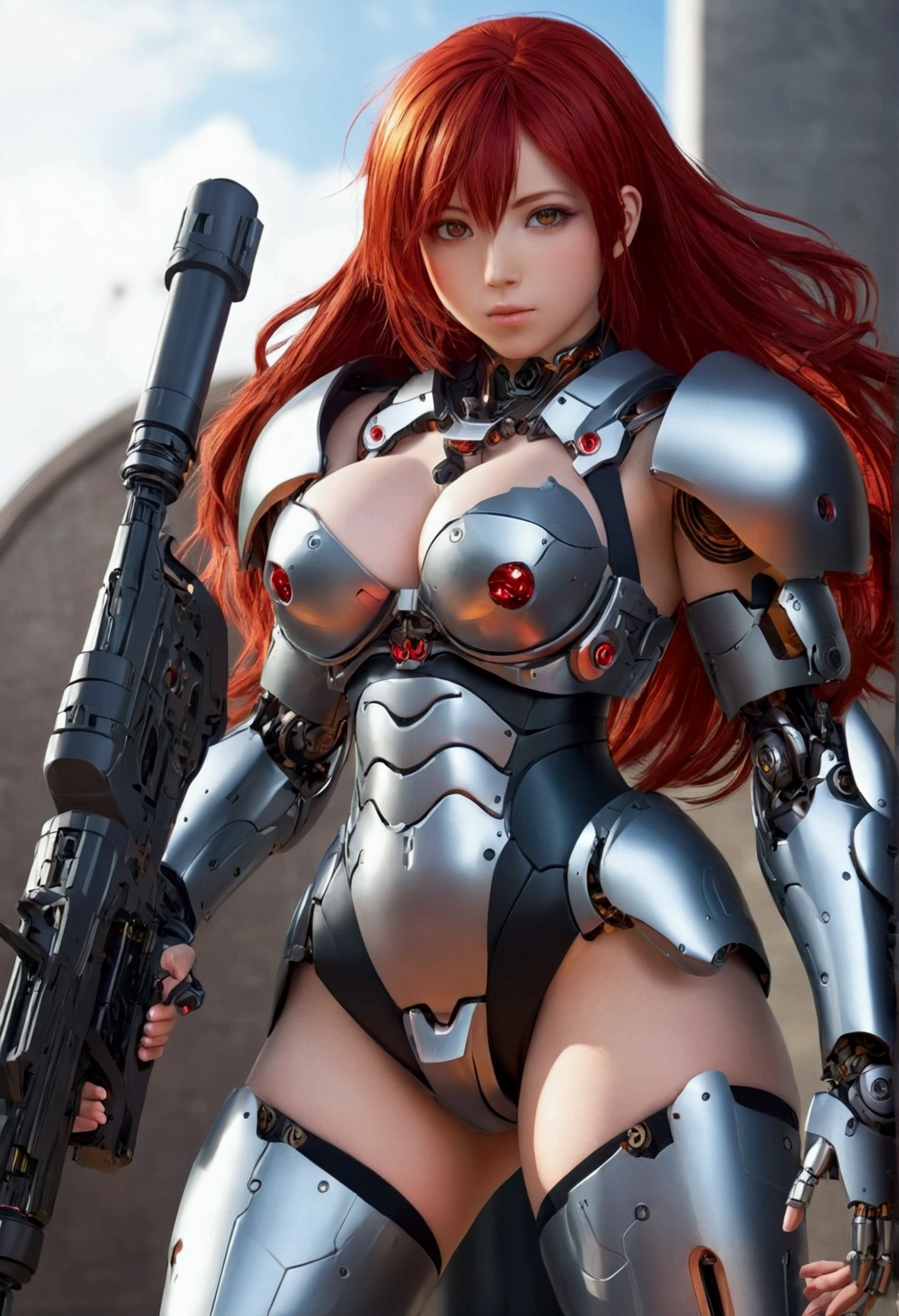 (((best quality))),(((ultra detailed))),(((masterpiece))), Beautiful older Anime girl with red hair, big, exposed tits, robotic armor, bare stomach and legs, huge gun