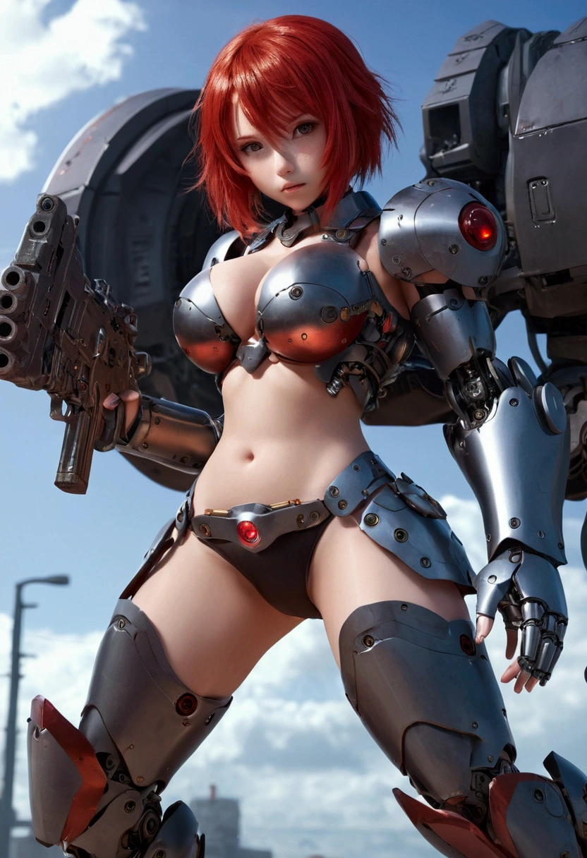 nsfw, anime screencap, 16K, perfect anatomy proportion body, perfect hands, action, A dynamic composition with a sense of speed and movement, (Hold an assault rifle:1.6), a wife, 40age, perfect beautiful delicate sexy face, perfect beautiful delicate slanted red eyes, red hair, swept bangs pixie cut, medium breasts, abs, Sophisticated chainmail-clad heavy armored robotic steam engine full armor powered suit, Many robot soldiers having a gunfight in the background, Flying bullets, Urban battlefields, war, Post-apocalyptic,