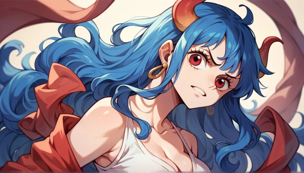 female character from one piece with very long blue hair and slanted red eyes