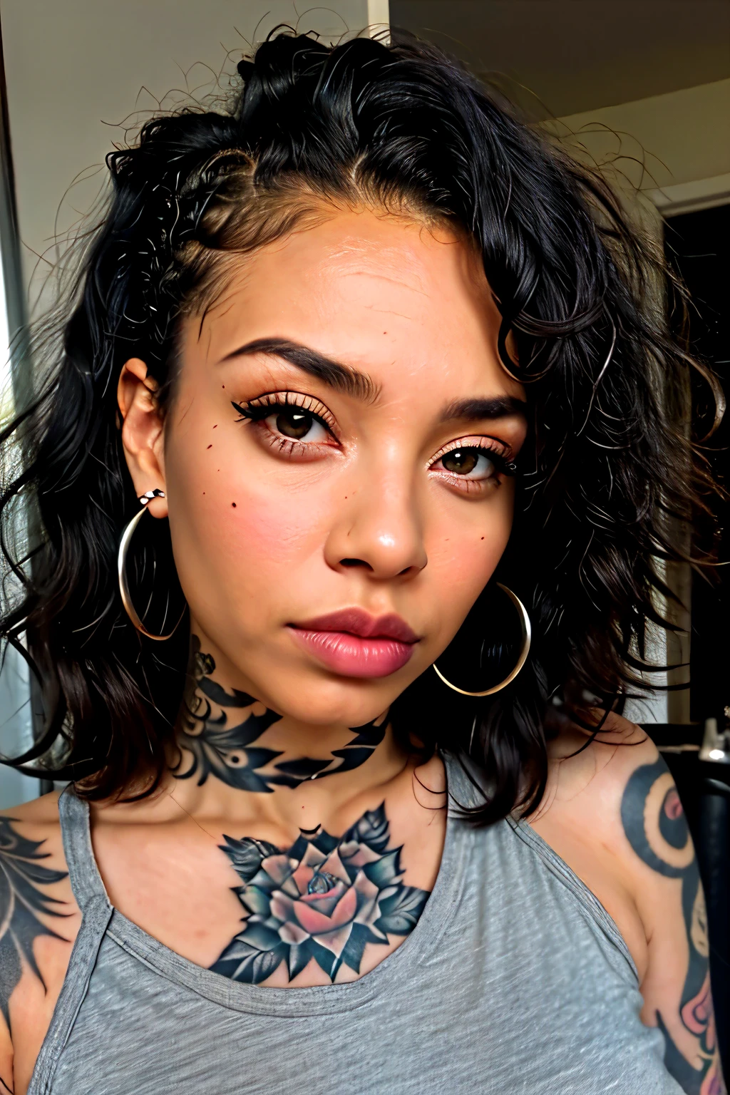 hyper realistic ultra detailed photograph, woman, Black curly hair, afro-descendant woman with many piercings and tattoos, long wild hair, tattooed hands and body, cute, fully clothed, tattoo under eye, tattoo on neck, piercing in nose, piercing in lower lip, shirt