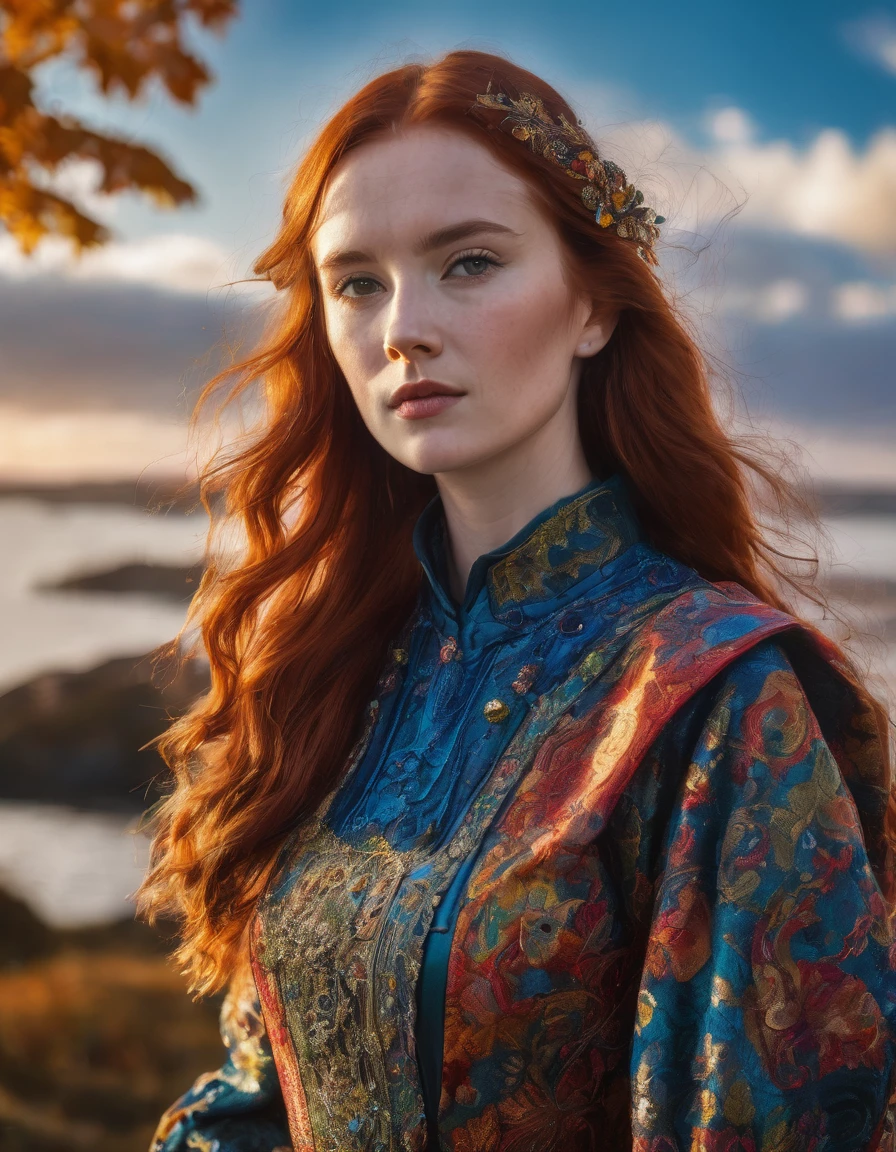 a young irish woman with long red hair, wearing a fancy typical dress in fantastic fabric, vibrant autumn colors, blue sky, golden hour, natural lighting, hyper-maximalism, raw photography, ultra-detailed photorealistic textures, artistic bokeh, volumetric lighting, Sony/Zeiss 90mm,f2.8,vray,hdr,32k,(masterpiece), best quality