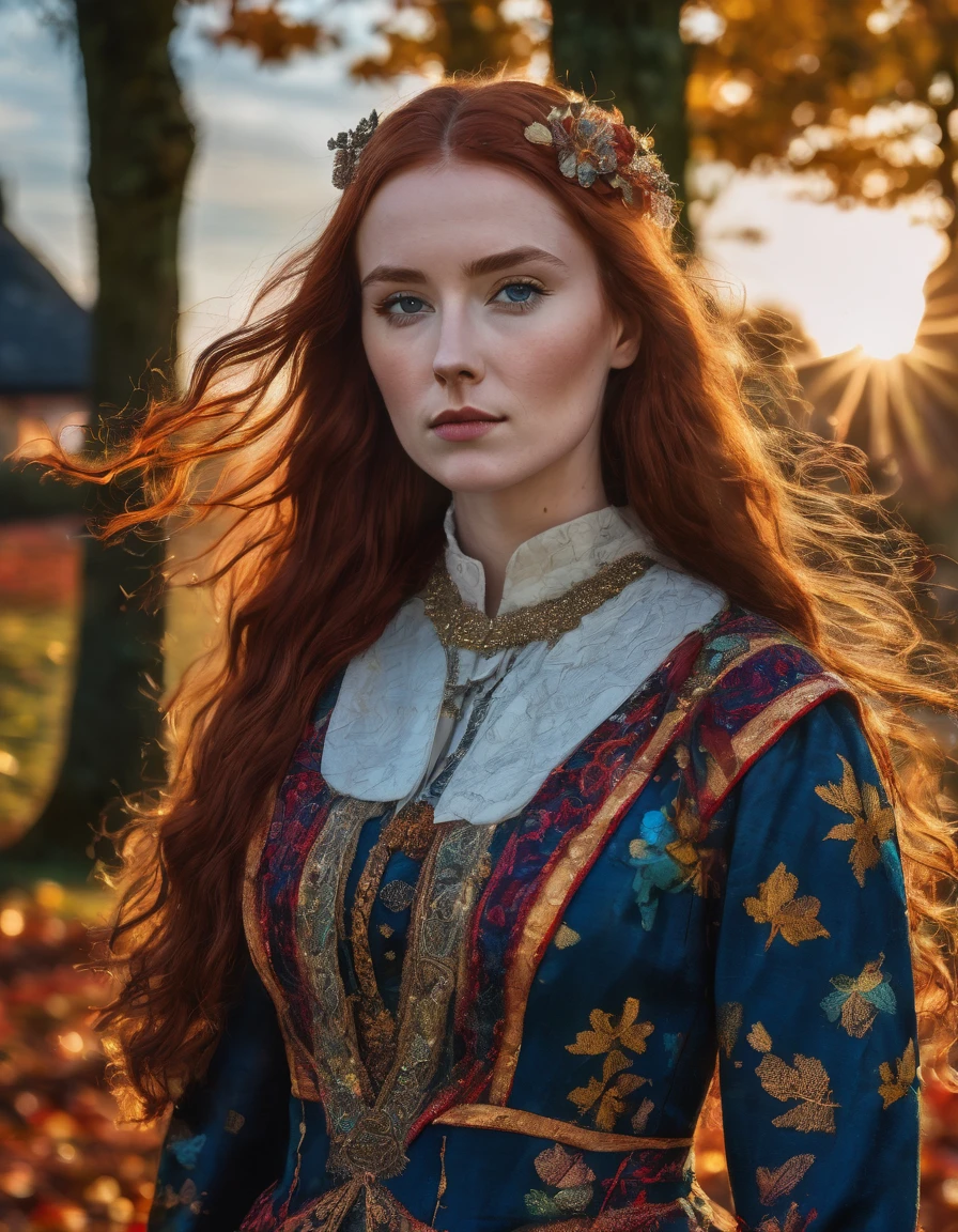 a young irish woman with long red hair, wearing a fancy typical dress in fantastic fabric, vibrant autumn colors, blue sky, golden hour, natural lighting, hyper-maximalism, raw photography, ultra-detailed photorealistic textures, artistic bokeh, volumetric lighting, Sony/Zeiss 90mm,f2.8,vray,hdr,32k,(masterpiece), best quality