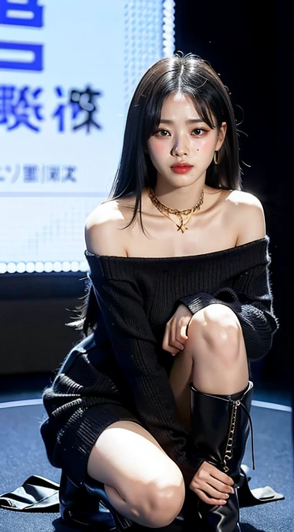1 girl、A cute girl wearing an off-the-shoulder knit dress and knee-high boots is looking at me.、baby face、Beautiful black straight long hair、Staring at me with a charming smile、Slender but big breasts、beautiful skin、Off-shoulder knit dress that fits the body、knee high boots、Gold Cross Necklace、cowboy shot、anatomically correct、precise fingers、exact limbasterpiece、photo reality、