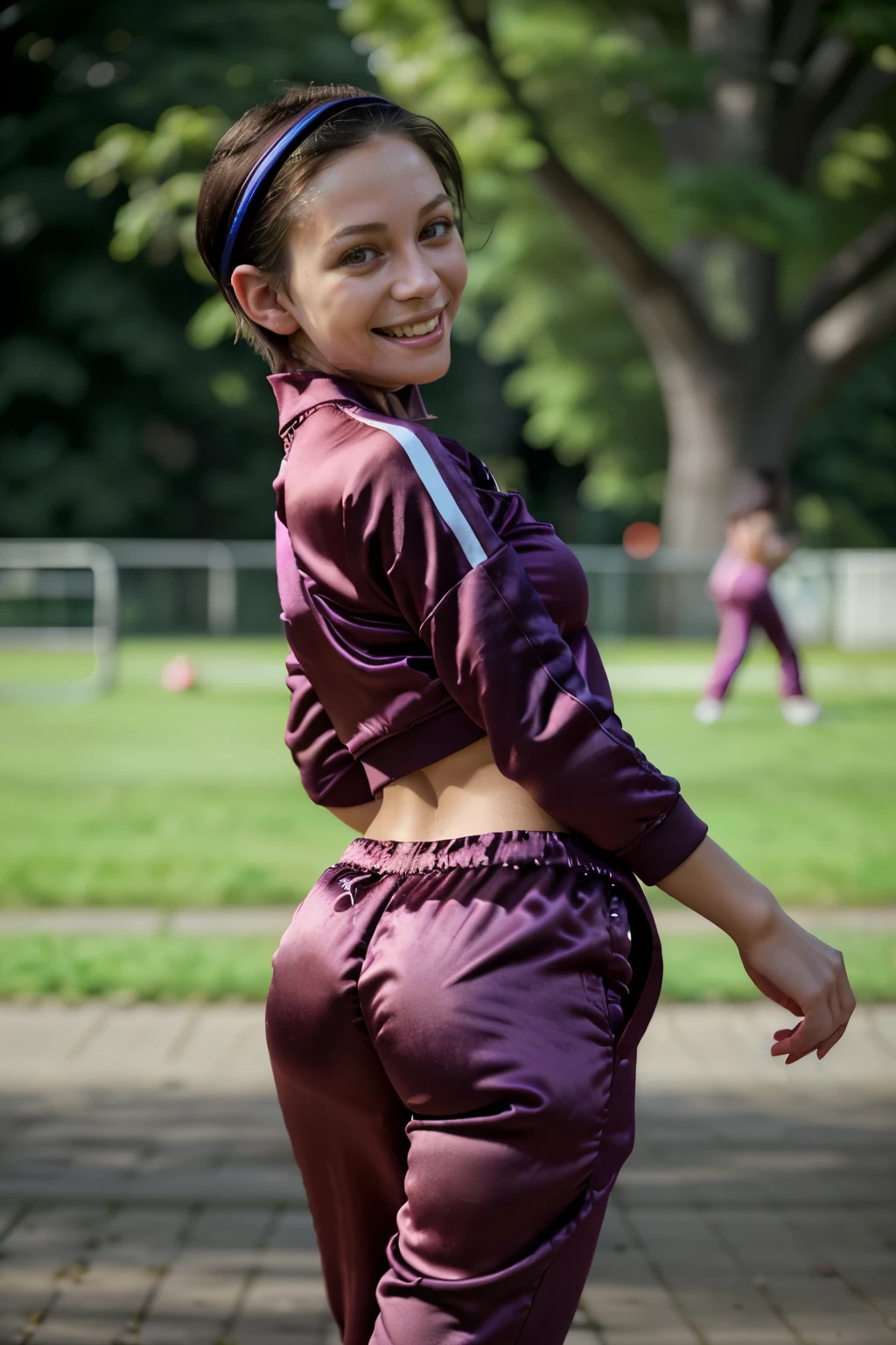 Sexy young girl 24 year old, (cute  face), a park, Running, (( satin tracksuit)), ((long trousers)), Smiling smile, short-hair, Dark hair,Small buttocks, beauty legs,One-person viewpoint, masutepiece, ccurate, ((Anatomically correct)), high details, High quality, awardwinning, Best Quality, hight resolution, 4k,