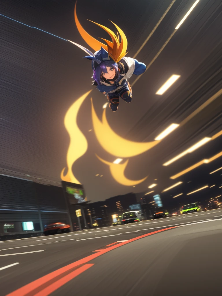 score_9, score_8_up, score_7_up, score_6_up, score_5_up, score_4_up, (derpibooru_p_95), source_cartoon, high speed race, solo, 1girl, pomni, colored skin, sweat, happy, arms up, driving sportbike, jester cap, night street background, motion trail, blur, highway