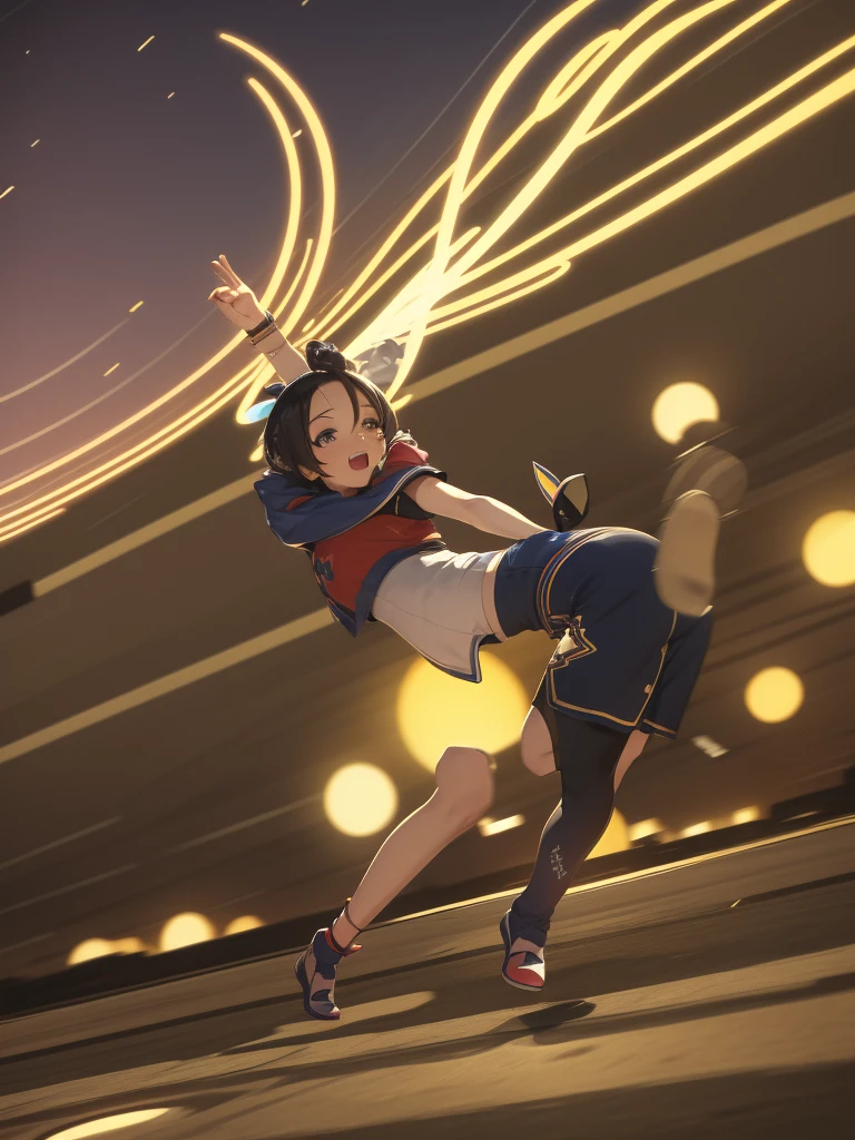 Chinese woman, in fancy black dress shirt, red velvet skirt, white frilly satin panties, pigtails with ribbons hairstyle, red and gold bracers, black long cotton socks, performing a high kick, anime art style, intricate details