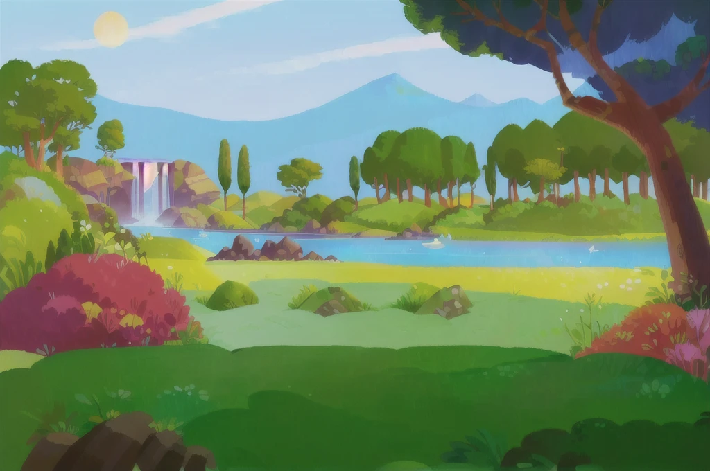 cartoon illustration of a river with a waterfall in the middle of a forest, beautiful and happy place, cozy background art, Studio Ghibli, sunny environment, trees in the background, mountain in the background, detailed and beautiful, rich design with details, illustration for book , Paradise, some birds flying.