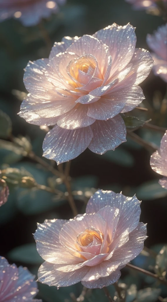 Crystal rose， fanciful, galaxias, cleanness, glittery, glittery, Splendor, Colorful, Amazing photography, dramatic  lighting, photo-realism, ultra - detailed, 4K, depth of fields, A high resolution and a beautiful "An ethereal ""white butterfly"", resting gracefully on a petal of a lavender flower, surrounded by soft mist and illuminated by the golden light of dawn."