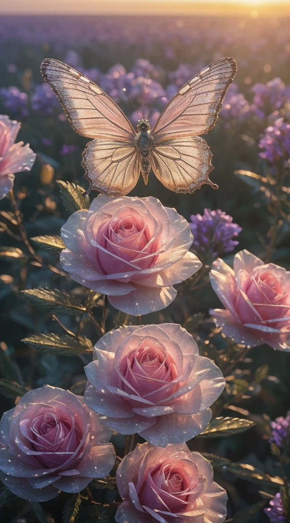 Crystal rose, fanciful, galaxias, cleanness, glittery, glittery, Splendor, Colorful, Amazing photography, dramatic lighting, photo-realism, ultra - detailed, 4K, depth of fields, A high resolution and a beautiful "An ethereal ""white butterfly"", resting gracefully on a petal of a lavender flower, surrounded by soft mist and illuminated by the golden light of dawn."