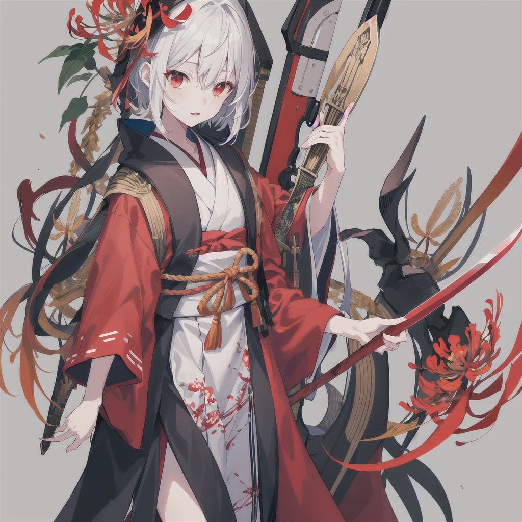 Girl in kimono standing with Japan sword, White medium hair, Red eyes, Red lips, A kimono with a red spider lily on a black background, Red splash pattern on a black background, super high quality, Ultra-fine detail, Very thin handle