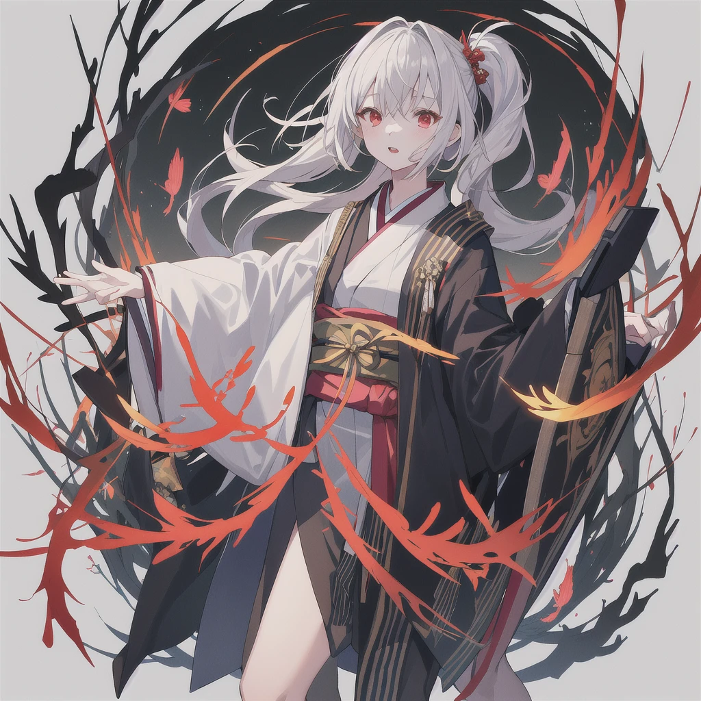 Girl in kimono standing with Japan sword, White medium hair, Red eyes, Red lips, A kimono with a red spider lily on a black background, Red splash pattern on a black background, super high quality, Ultra-fine detail, Very thin handle
