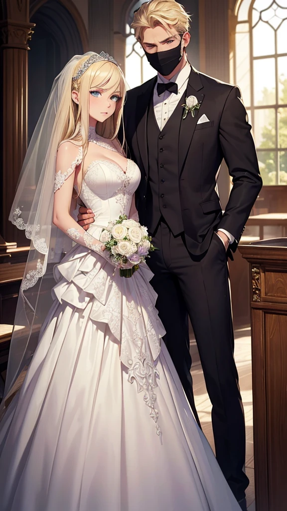 ((Best Quality)), ((Masterpiece)), (detailed)) A beautiful woman with blonde hair, blue eyes, serious countenance, dressed in a beautiful wedding dress, a beautiful wedding veil covers her face, Next to him is a slightly muscular man, Brown hair, green eyes, dressed in a black suit, serious look