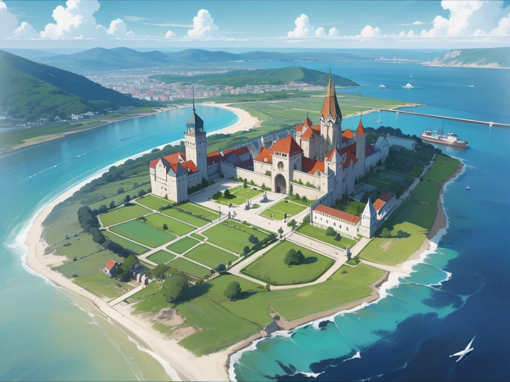 ilustração de livro ilustrado, ilustração de livro de histórias em aquarela, (beira-mar castle), cores pastel vibrantes, sonhar, colorida, Excêntrico, mágico, obra de arte, melhor qualidade, foco nitído, ambiente intrincadamente detalhado, Detalhes finos, Resolução 8K, (oceano), (beira-mar), horizon, A small floating magical medieval island city, top-down view, houses, (various important locations 1.3), (every house is different 1.2), wizard's castle, medieval architecture, luminous details, wizard's tower with magical lights, welcoming asylum, vibrant school, robust bank, lively tavern, military training grounds, bustling market, official mayor's building, discreet brothel, port with docks, blue surrounding water, protective walls, vibrant colors, D&D map, drawn, small island, rpg drawing, fantasy sketch, various buildings, assymetric, round island, Small city, simple drawing, sketch, painting, floating island, flying island, painting, flying city in the style of inkarnate, painted, raw painting, (surrounded by water 1.2)