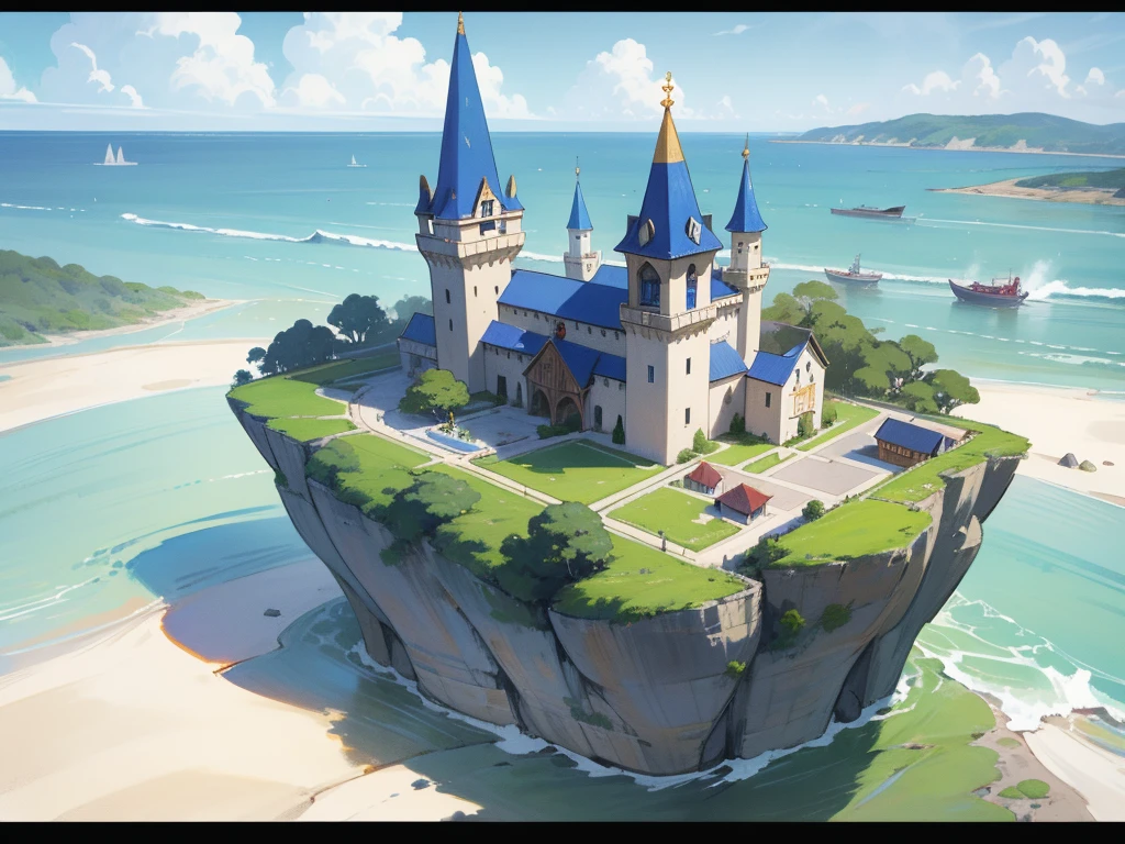 ilustração de livro ilustrado, ilustração de livro de histórias em aquarela, (beira-mar castle), cores pastel vibrantes, sonhar, colorida, Excêntrico, mágico, obra de arte, melhor qualidade, foco nitído, ambiente intrincadamente detalhado, Detalhes finos, Resolução 8K, (oceano), (beira-mar), horizon, A small floating magical medieval island city, top-down view, houses, (various important locations 1.3), (every house is different 1.2), wizard's castle, medieval architecture, luminous details, wizard's tower with magical lights, welcoming asylum, vibrant school, robust bank, lively tavern, military training grounds, bustling market, official mayor's building, discreet brothel, port with docks, blue surrounding water, protective walls, vibrant colors, D&D map, drawn, small island, rpg drawing, fantasy sketch, various buildings, assymetric, round island, Small city, simple drawing, sketch, painting, floating island, flying island, painting, flying city in the style of inkarnate, painted, raw painting, (surrounded by water 1.2)